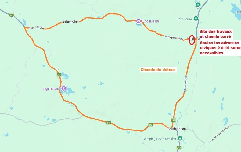 INFO-TRAVAUX - Montée Baker Pond à Bolton-Est